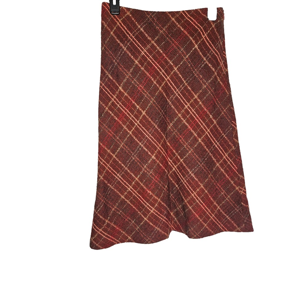 Shin Choi Wool Blend‎ Plaid Skirt Girls Size 2 Brown Red A-Line Midi Fall Retro